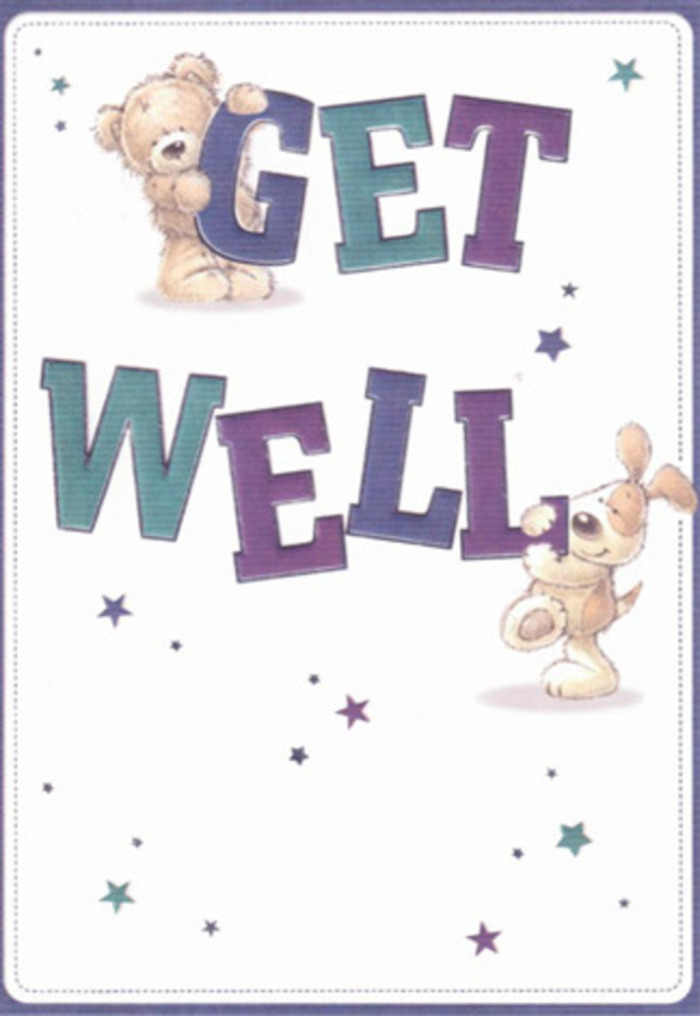 A celebration of hope and encouragement, this get well card bursts with the same spirit of support found in Gants Hill's welcoming streets. Featured front and centre, a cheery bear and a spirited floppy-eared puppy are surrounded by whimsical starbursts in shifting blues and violet-each one seeming to sprinkle good wishes into the crisp, white space that frames the design. The bold typography, rendered in confident strokes of purple and aqua, grounds the scene in cheerful reassurance, much like the calming effect of a tranquil walk through nearby Valentines Park. The illustration's textures are almost tangible-the bear's soft, inviting fluff and the gentle sheen of the puppy's coat reaching out with warmth, as if inviting a caring touch. As a florist accustomed to arranging bouquets with precise attention for Gants Hill's diverse occasions, I see the same thoughtful placement here, each illustrated detail carrying both artistry and intention. Whether paired with vibrant flowers or sent on its own, this card offers an emotional uplift-radiating positivity, kindness, and heartfelt recovery wishes as inviting and sincere as a local greeting on Cranbrook Road.